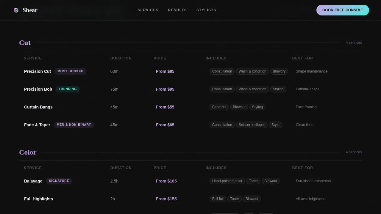 Hair Salon Build-Your-Visit Price Estimator Website Template