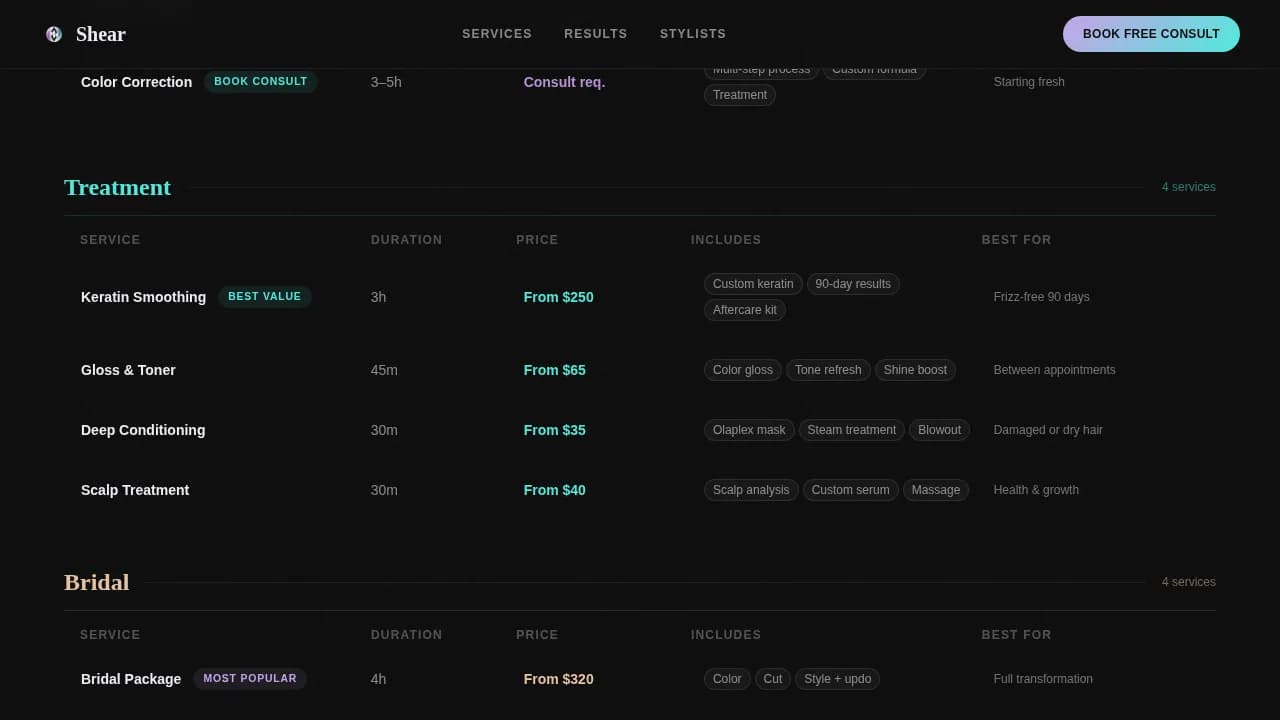 Hair Salon Build-Your-Visit Price Estimator Website Template
