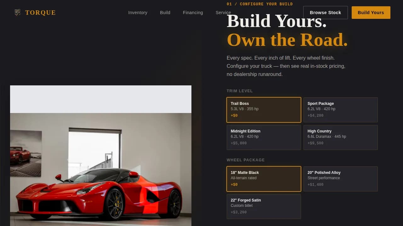 Torque - Immersive Truck Dealership Landing Page Template