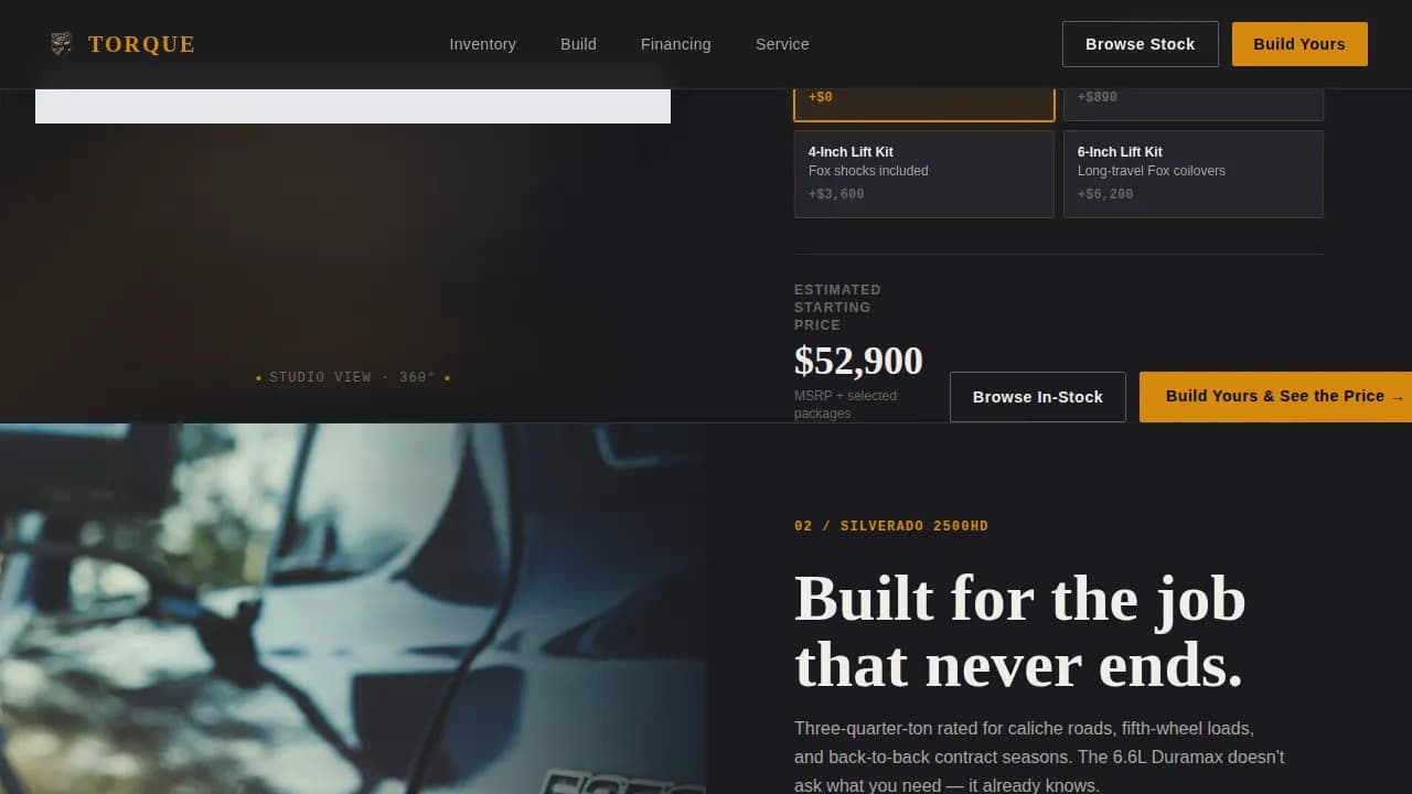 Torque - Immersive Truck Dealership Landing Page Template