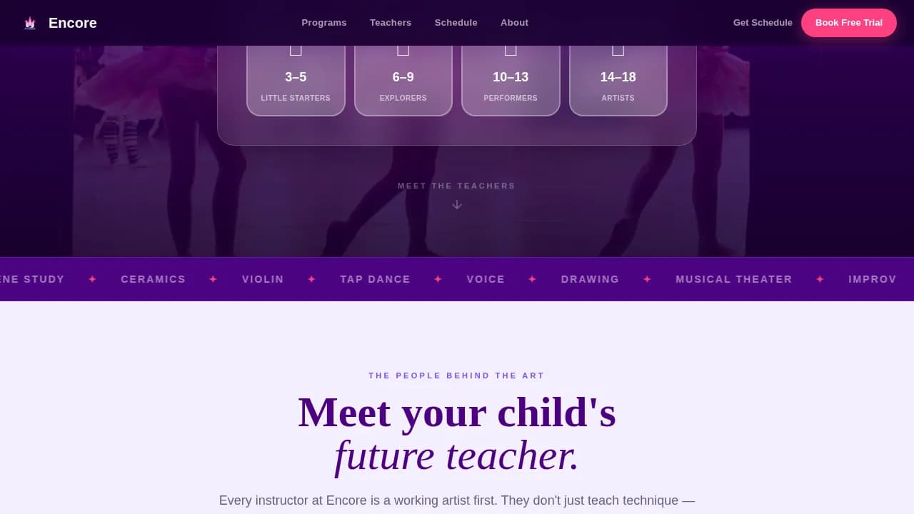 Perform — Dynamic Arts Academy Landing Page Template