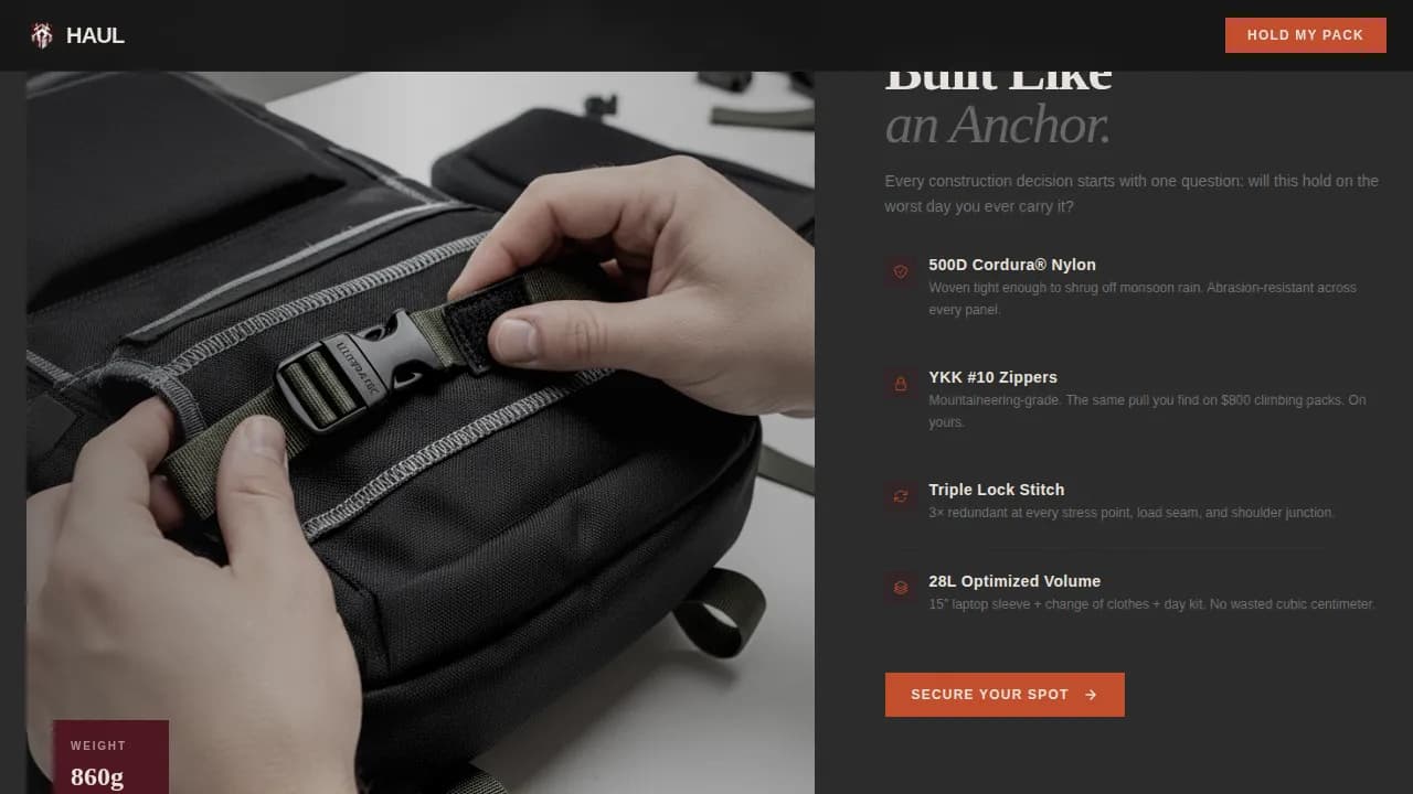 Trek — Rugged Minimalist Backpack Landing Page Template