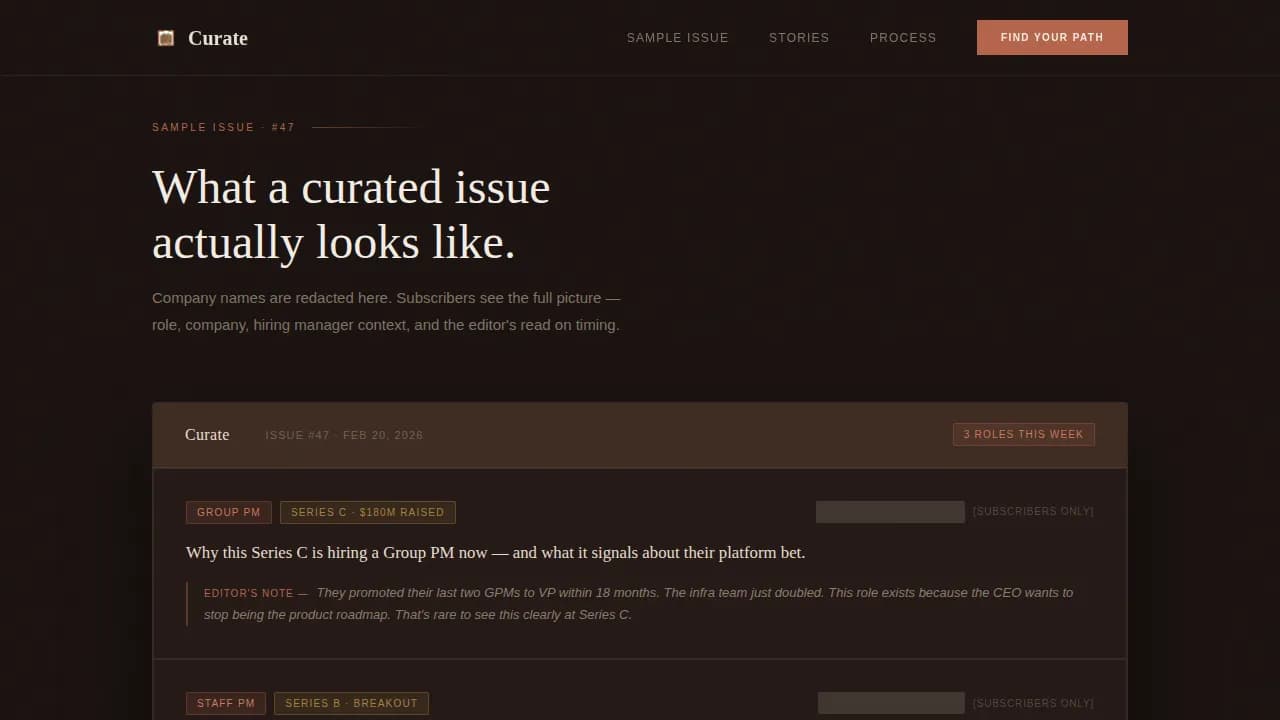 Curate - Editorial PM Career Opportunities Landing Page Template