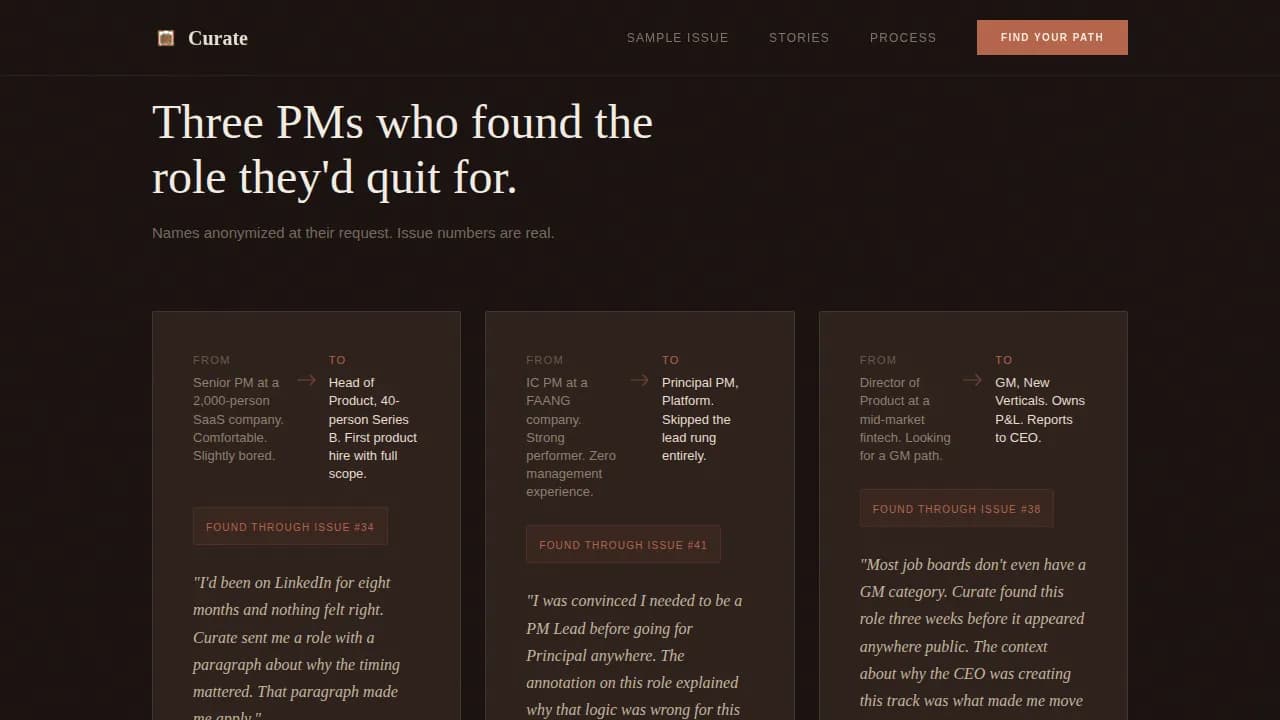 Curate - Editorial PM Career Opportunities Landing Page Template