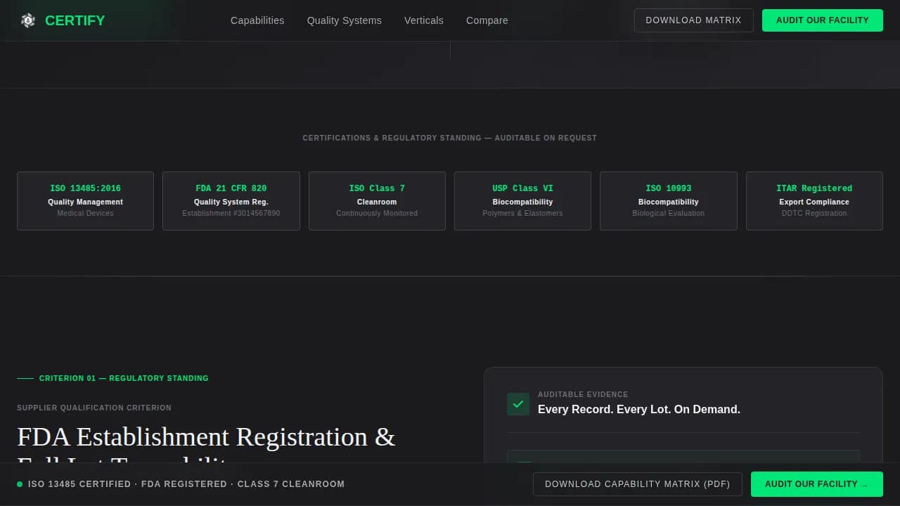 Certify - Cleanroom-Grade Medical Device OEM Supplier Landing Page Template