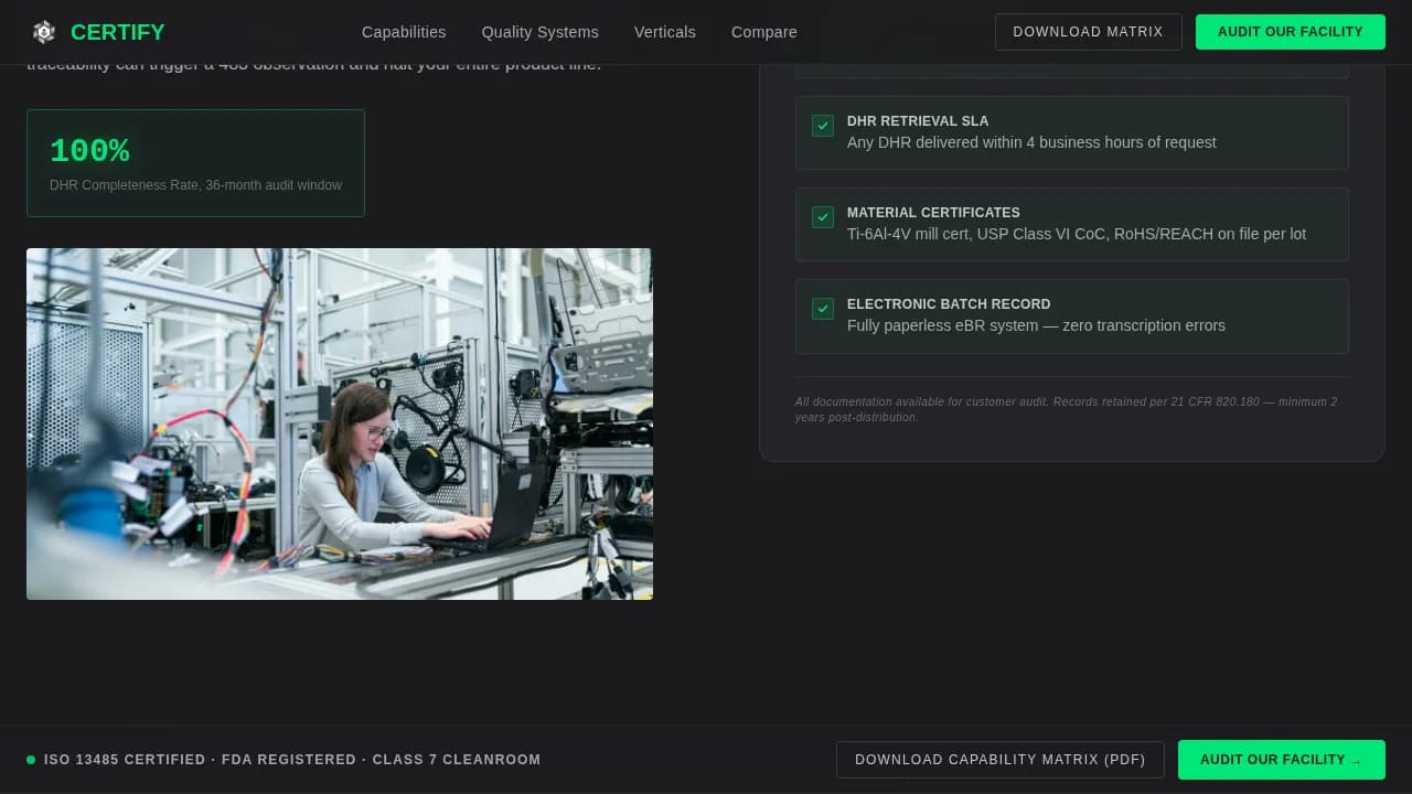 Certify - Cleanroom-Grade Medical Device OEM Supplier Landing Page Template