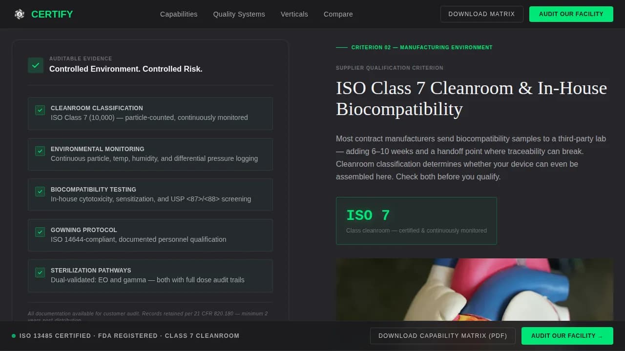 Certify - Cleanroom-Grade Medical Device OEM Supplier Landing Page Template