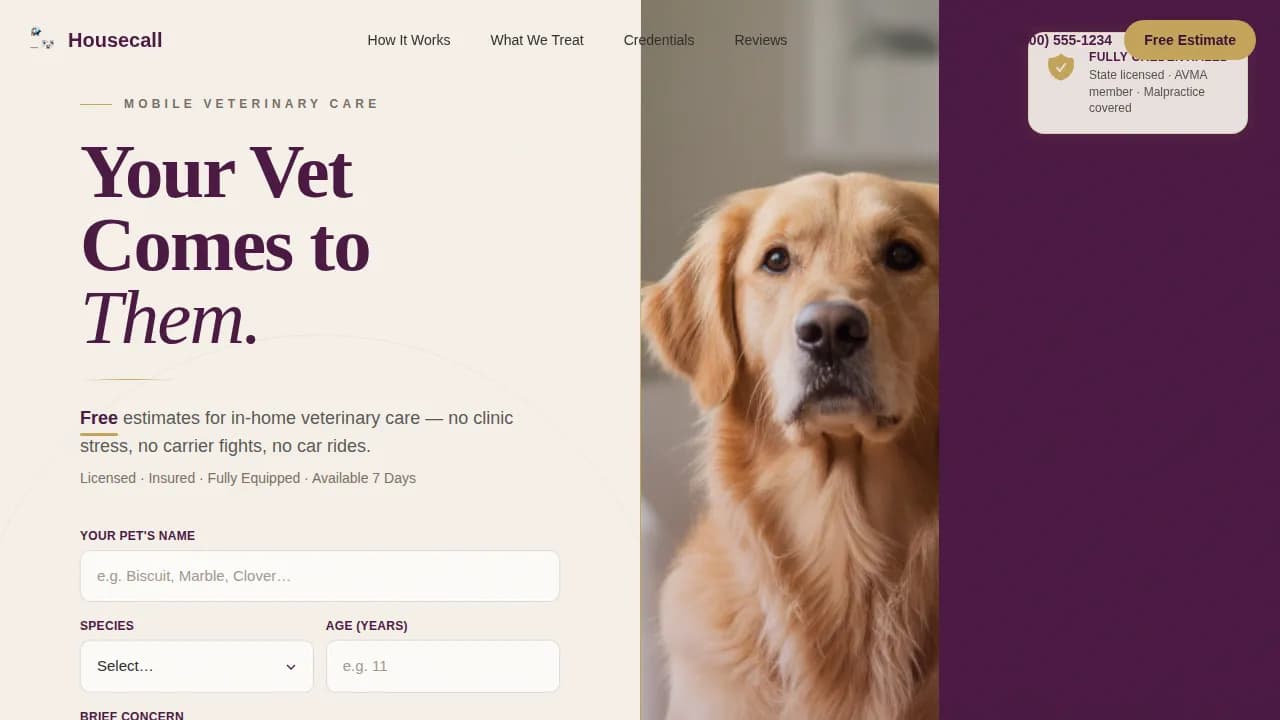 VetCare — Licensed Mobile Veterinary Landing Page Template