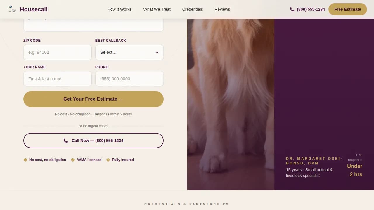 VetCare — Licensed Mobile Veterinary Landing Page Template