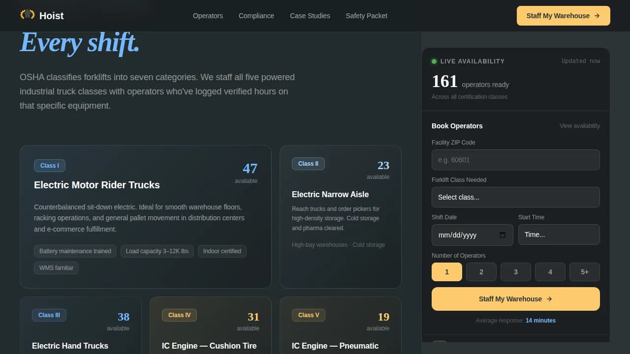 Forklift Operator Booking Website Template