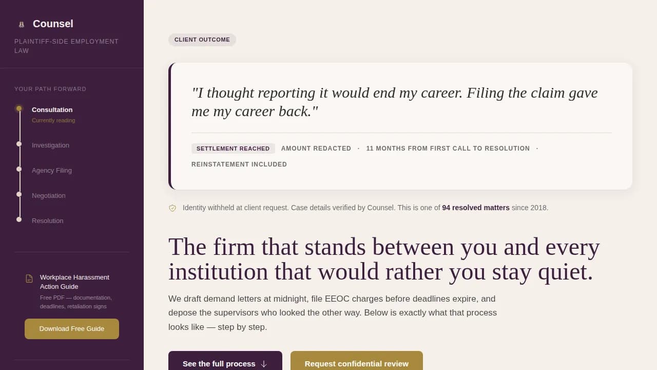 Advocate — Premier Workplace Harassment Landing Page Template