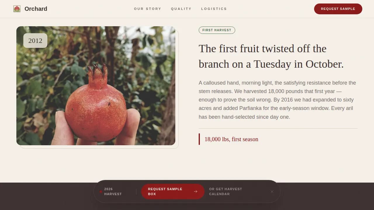 Harvest — Premium Pomegranate Estate Landing Page Template