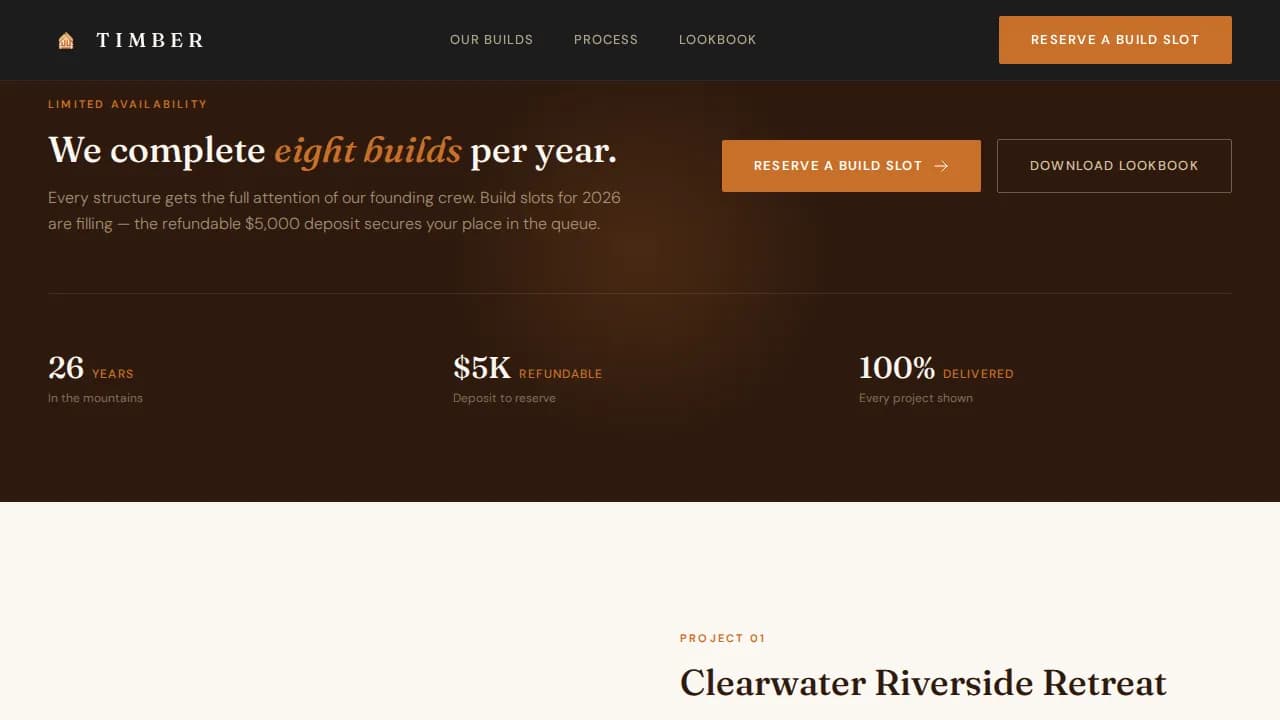 Cabin — Premium Log Home Developer Landing Page Template