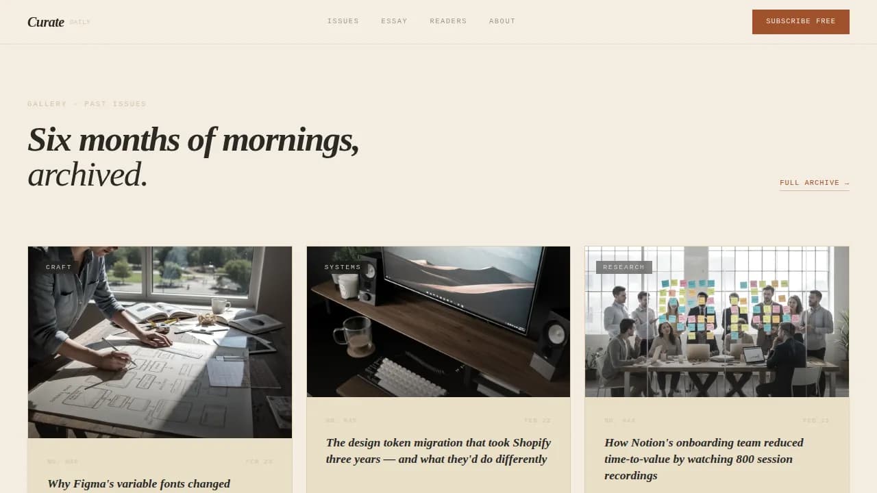 Curate — Elegant Design Insights Newsletter Landing Page Template