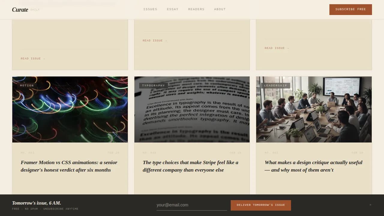 Curate — Elegant Design Insights Newsletter Landing Page Template