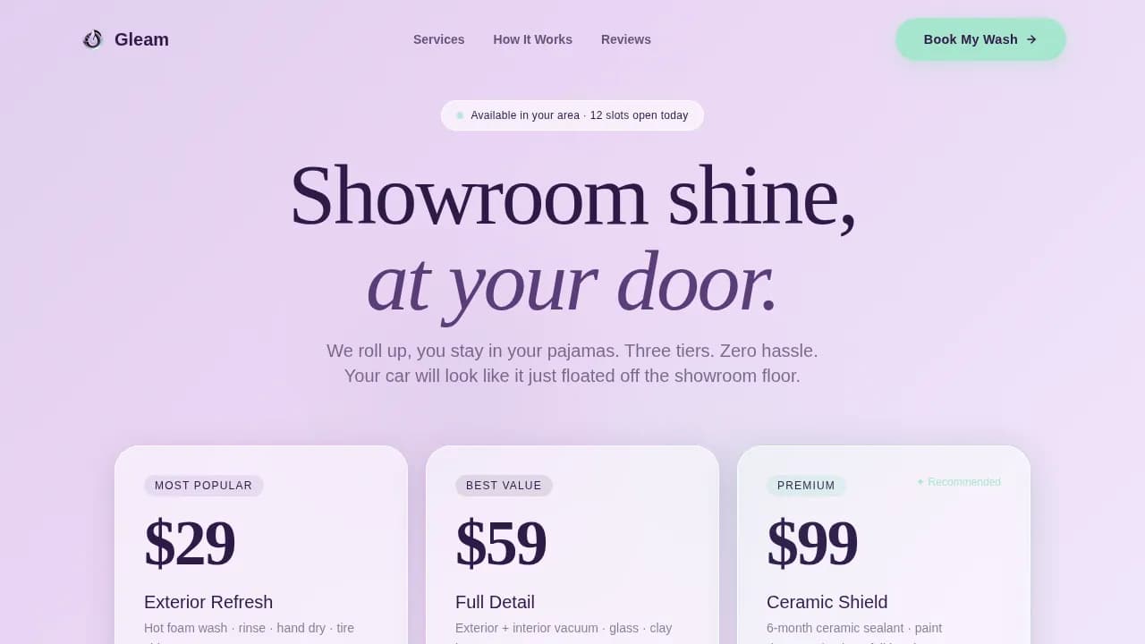 Gleam — Elite Mobile Detailing Landing Page Template