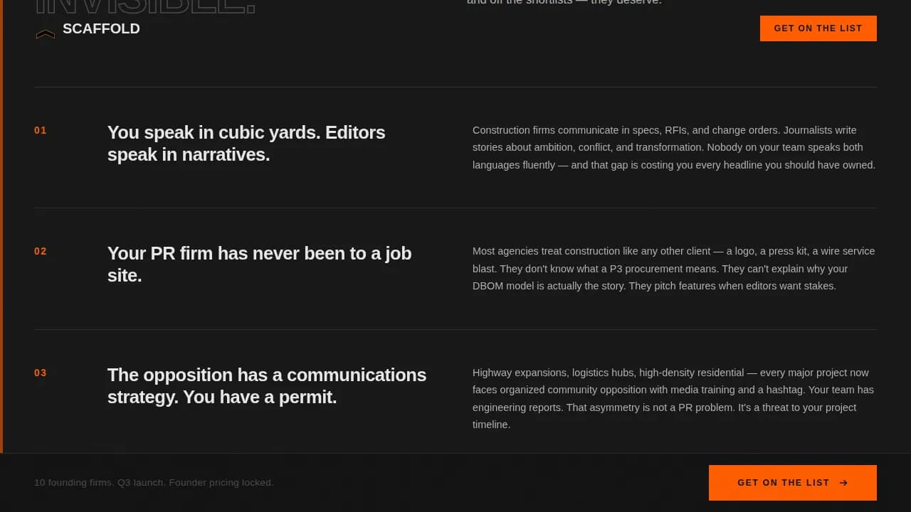 Scaffold - Bold Brutalist Construction PR Agency Landing Page Template