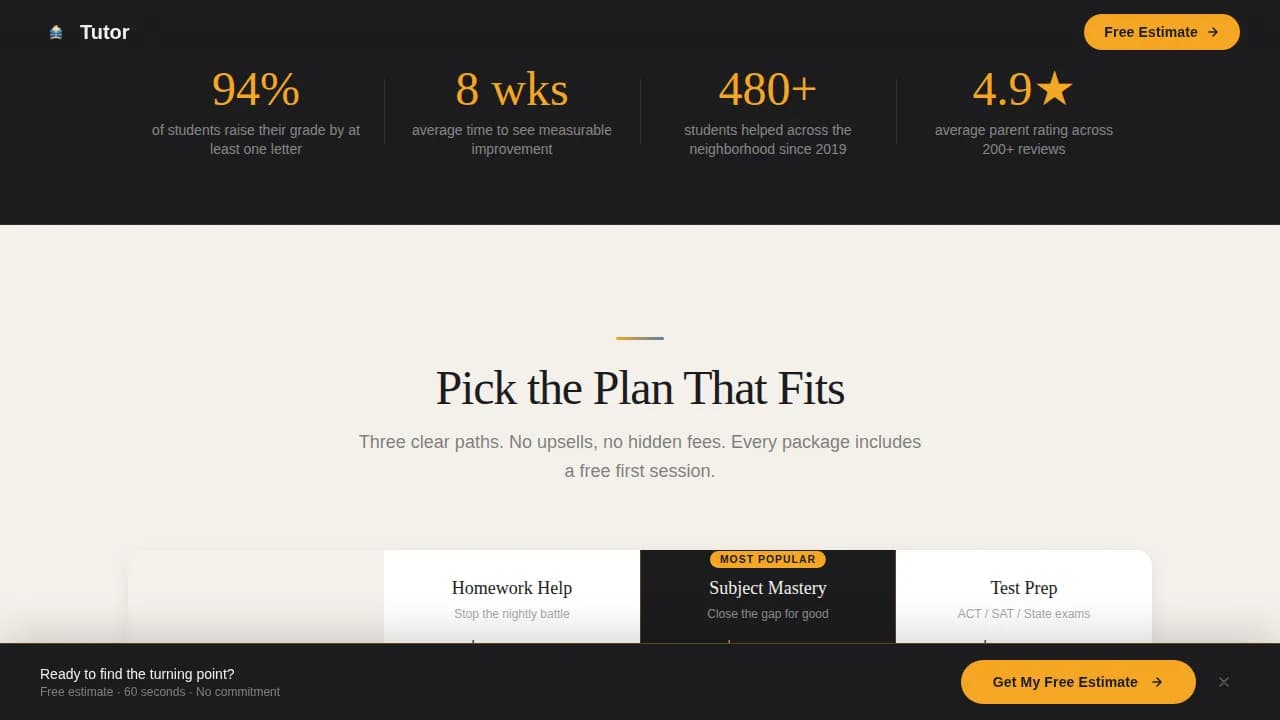 Tutoring Center Marketing Pricing Website Template