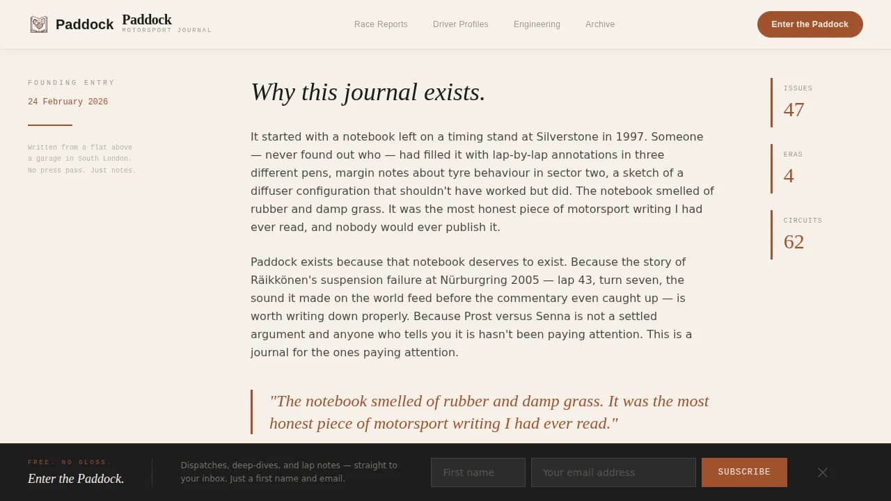 Paddock — Engaging Motorsport Blog Landing Page Template