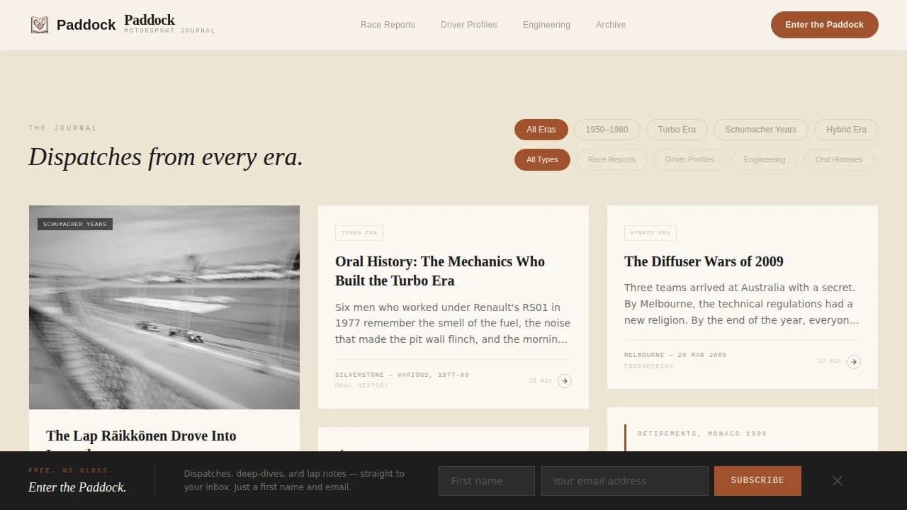Paddock — Engaging Motorsport Blog Landing Page Template
