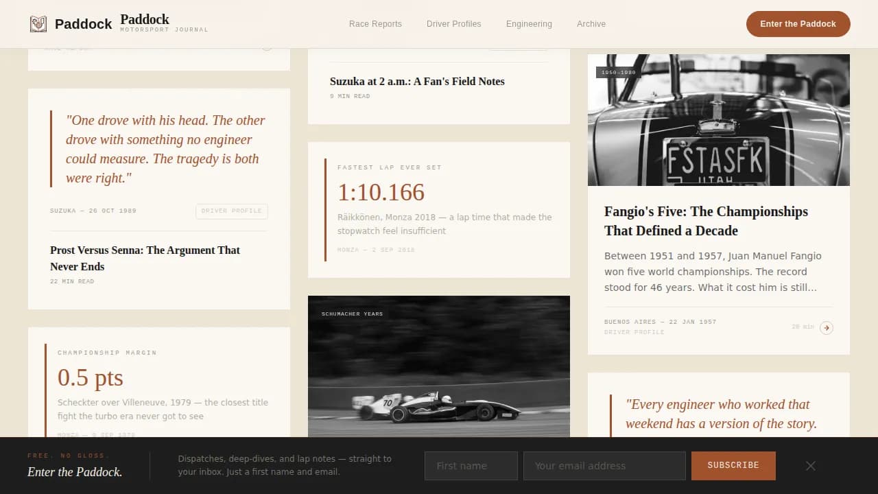 Paddock — Engaging Motorsport Blog Landing Page Template