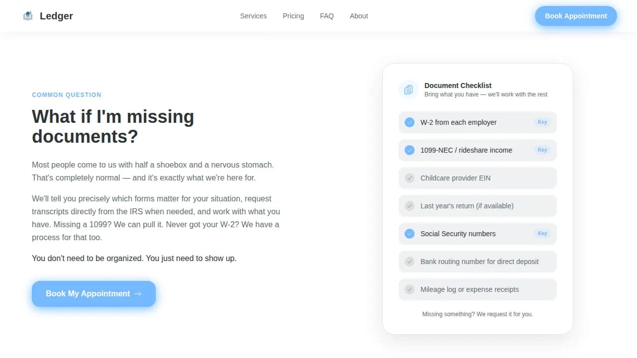 Ledger — Effortless Tax Booking Landing Page Template