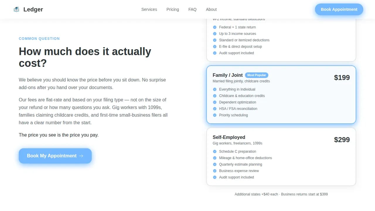 Ledger — Effortless Tax Booking Landing Page Template