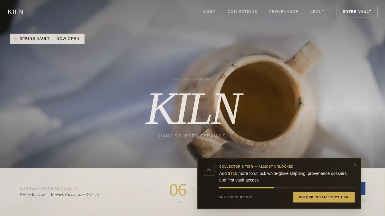 Vault — Curated Antique Pottery Landing Page Template