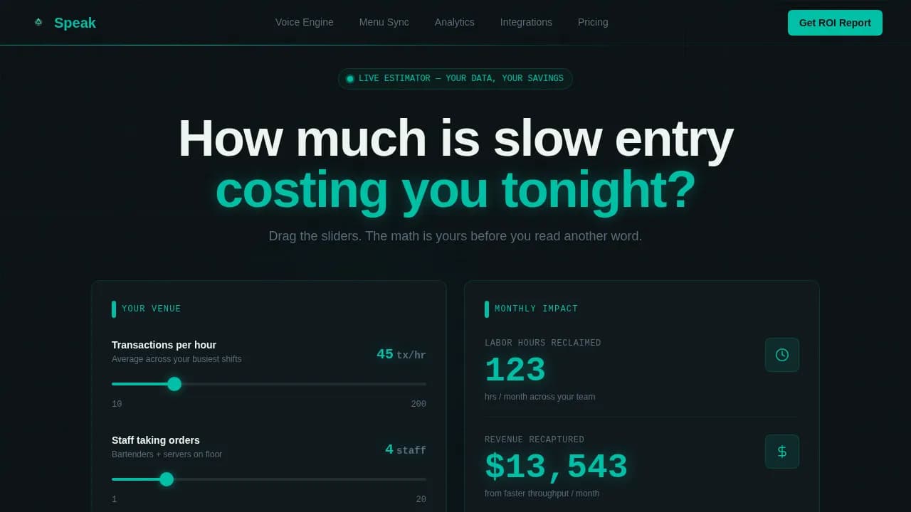 Speak - Voice-Activated POS ROI Calculator Landing Page Template