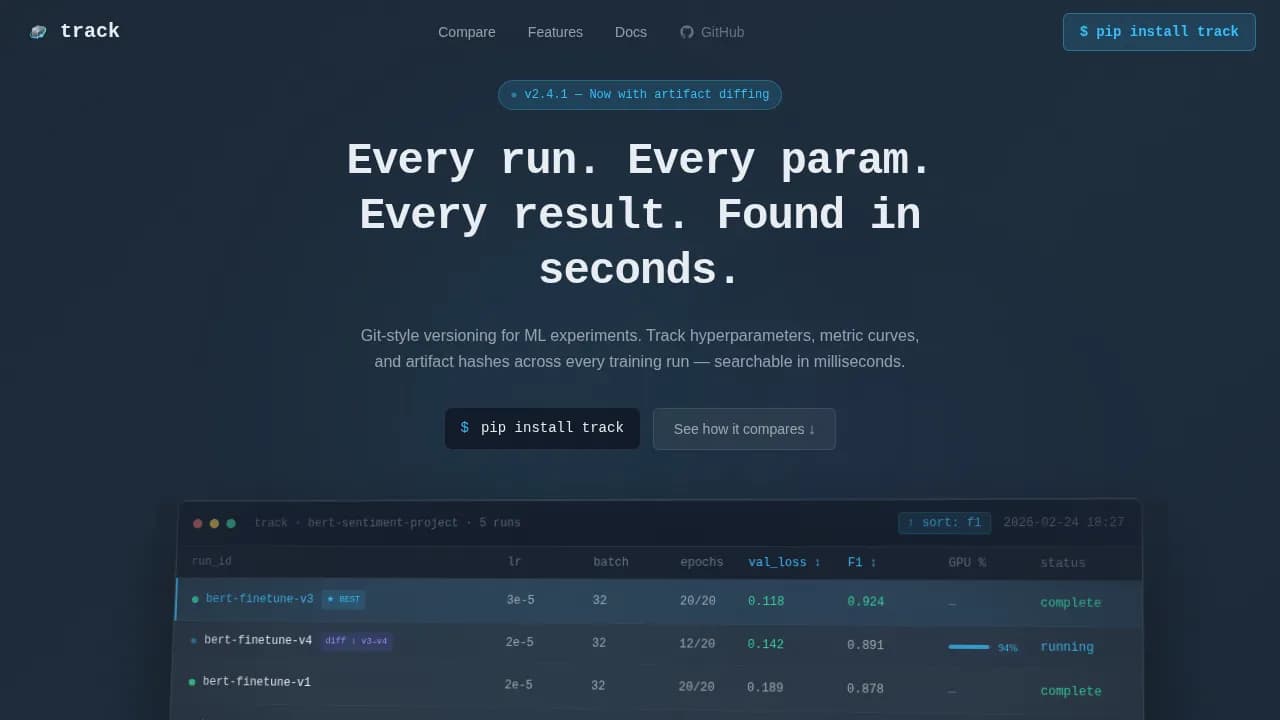 Track - Precision ML Experiment Tracking Landing Page Template