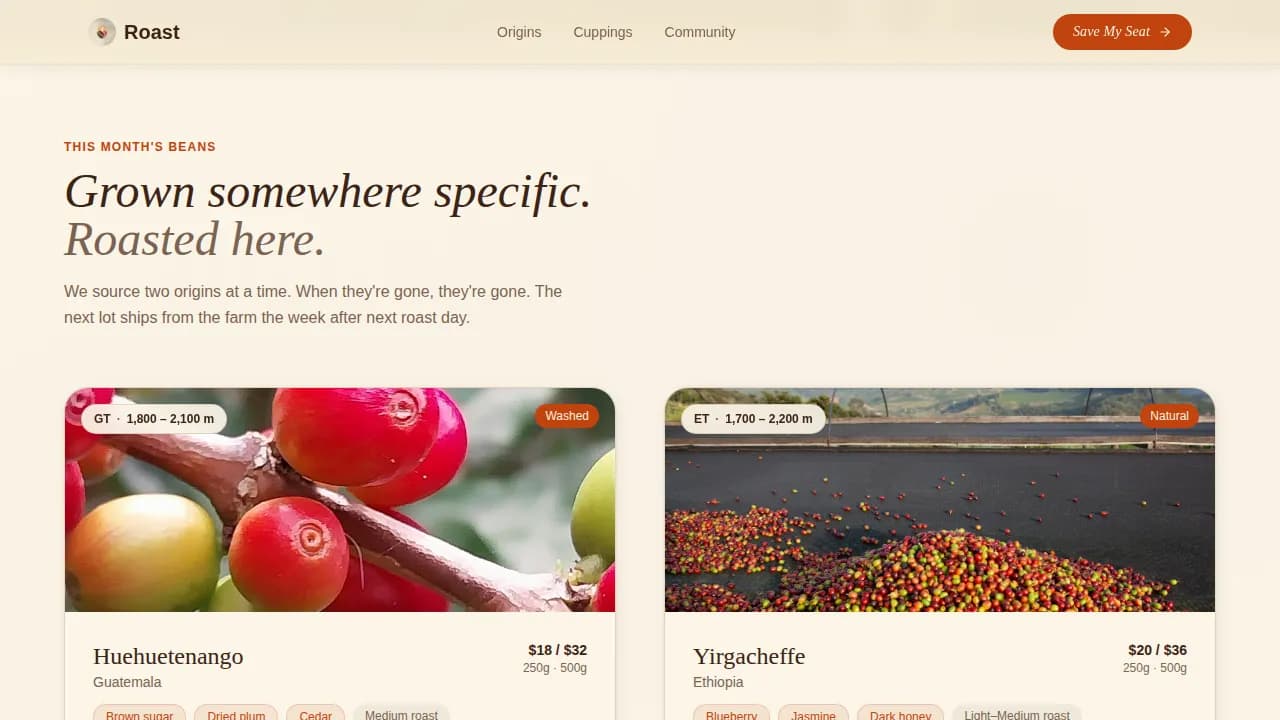 Coffee Roaster & Specialty Coffee Pricing Website Template