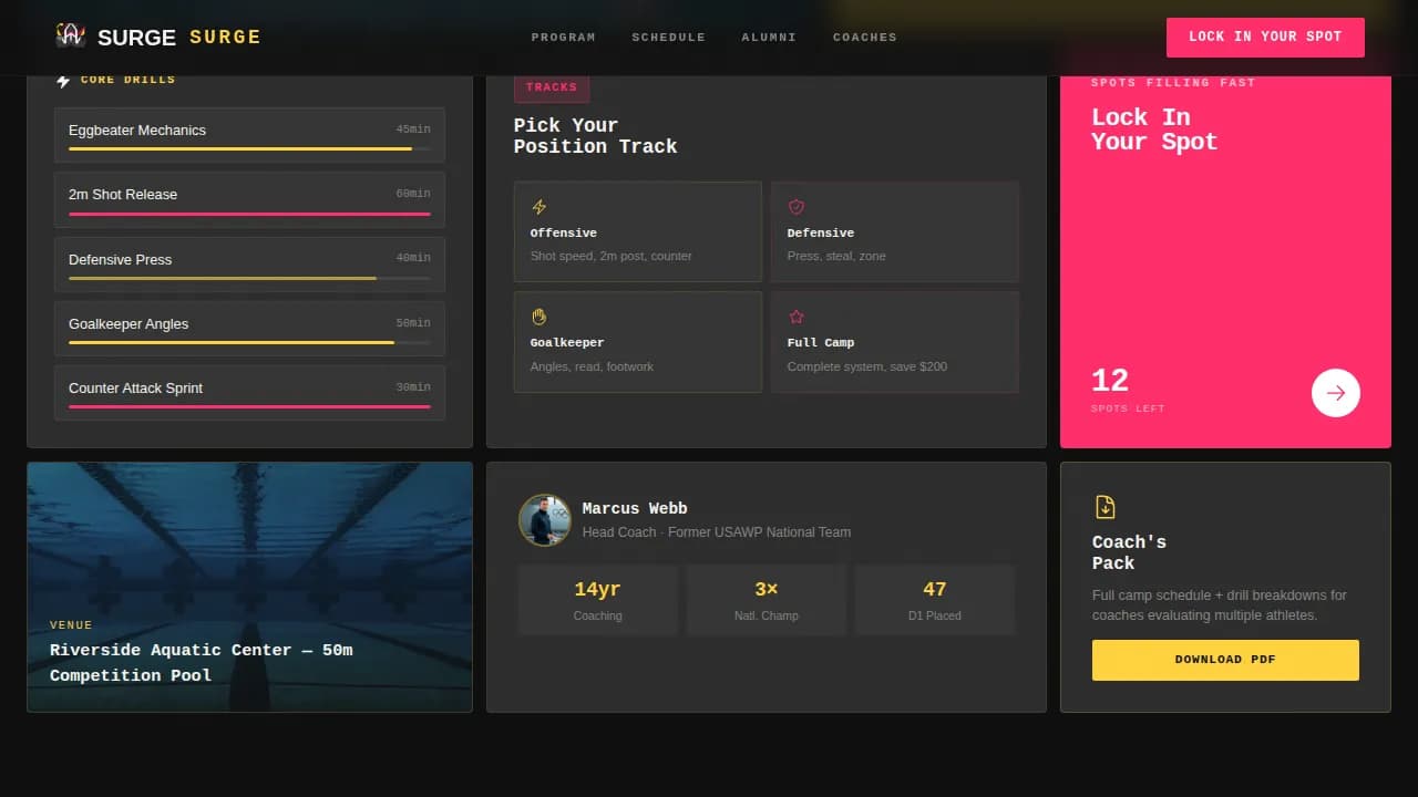 Velocity — Competitive Water Polo Academy Landing Page Template