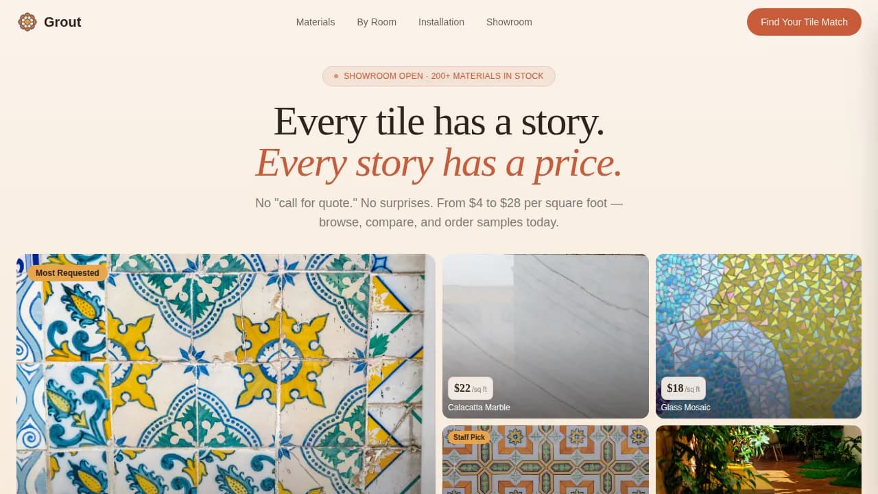 Mosaic — Value-Anchored Tile Showroom Landing Page Template