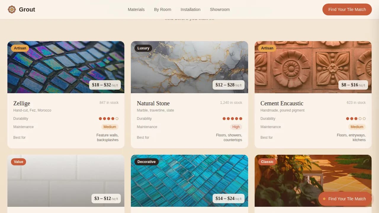Mosaic — Value-Anchored Tile Showroom Landing Page Template