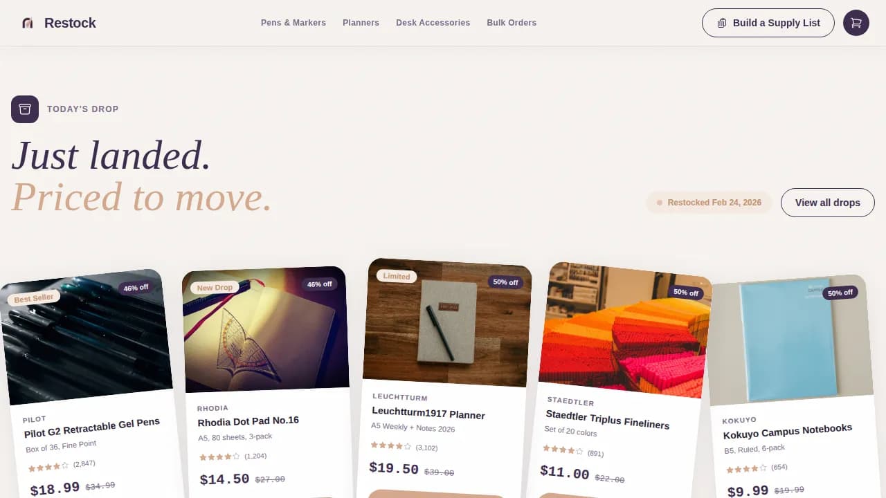 Restock — Premium Office Supplies Landing Page Template
