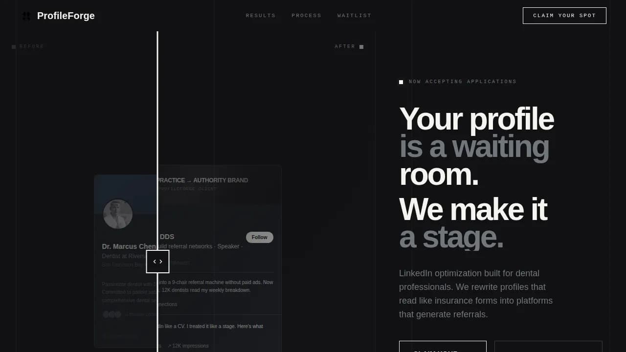 Profileforge - Bold Brutalist Dentist LinkedIn Optimization Landing Page Template