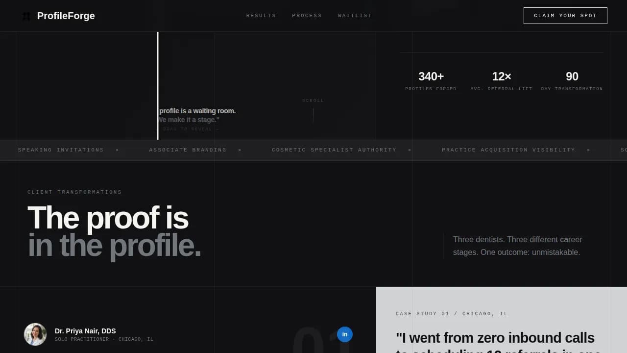 Profileforge - Bold Brutalist Dentist LinkedIn Optimization Landing Page Template