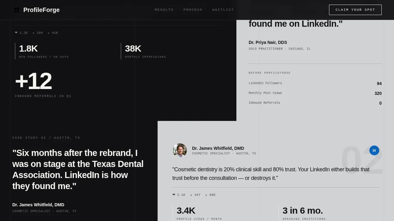 Profileforge - Bold Brutalist Dentist LinkedIn Optimization Landing Page Template
