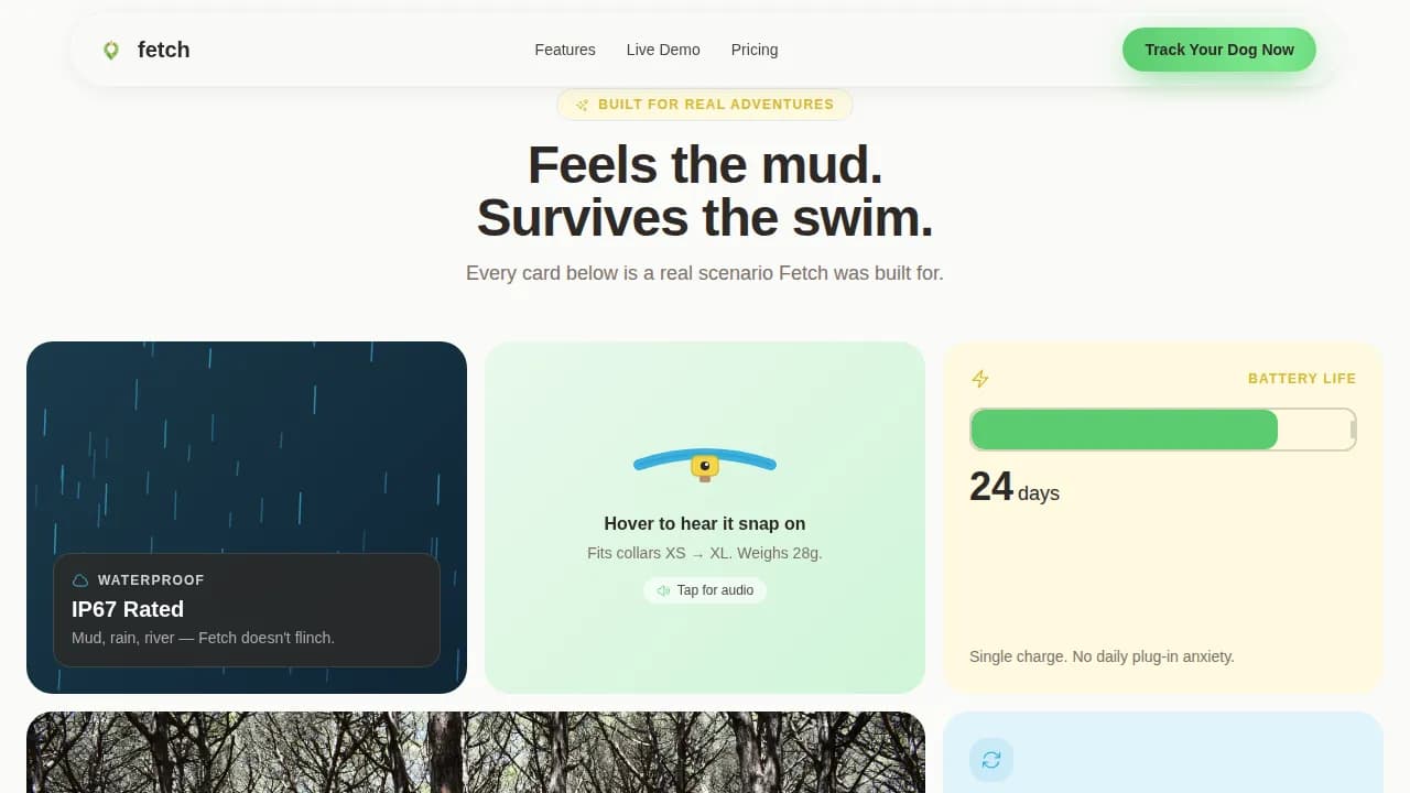 Fetch - Always Know Where the Adventure Went GPS Pet Tracker Landing Page Template