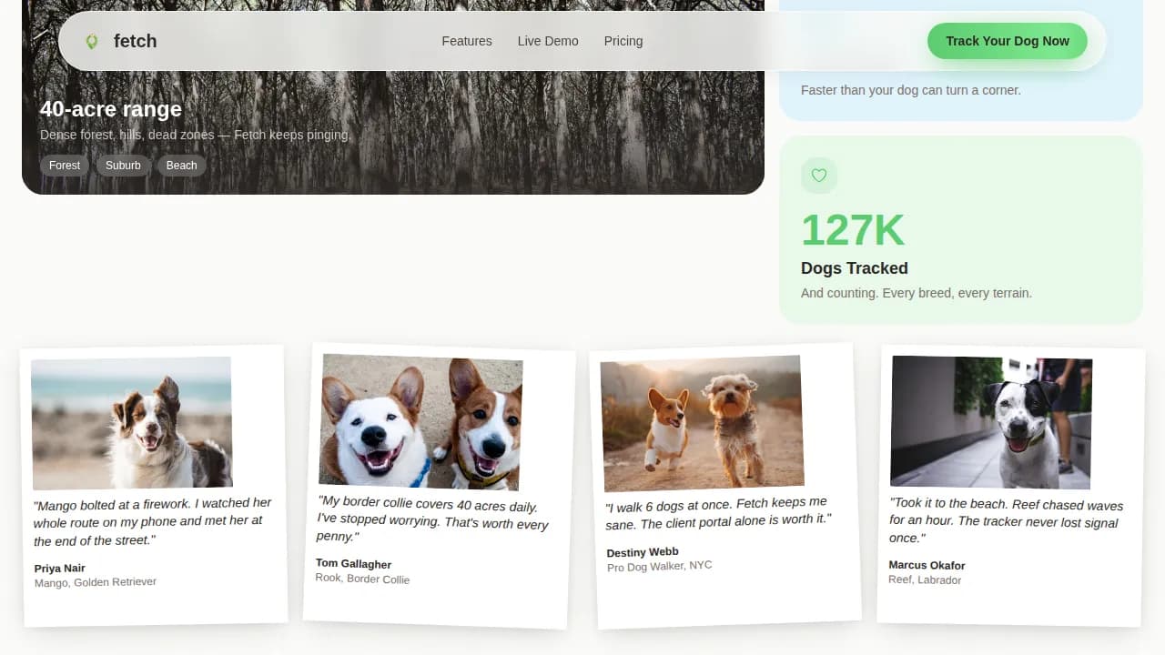 Fetch - Always Know Where the Adventure Went GPS Pet Tracker Landing Page Template
