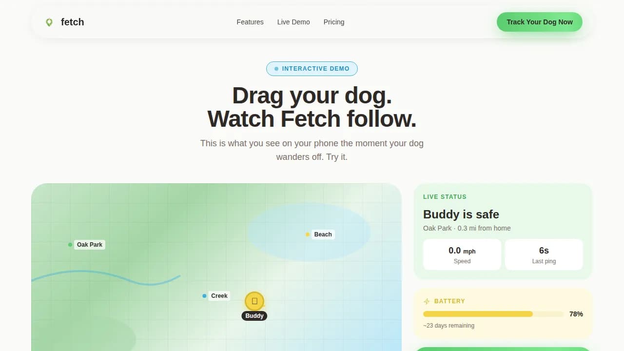 Fetch - Always Know Where the Adventure Went GPS Pet Tracker Landing Page Template