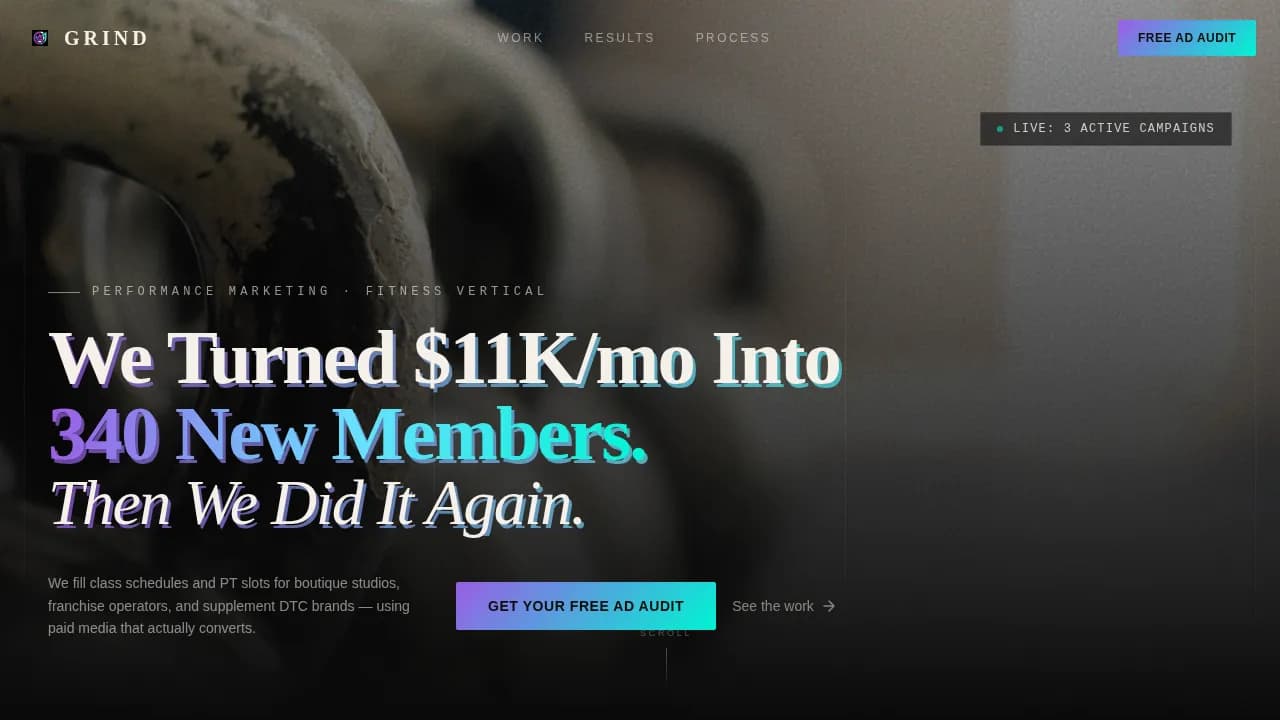 Grind - High-Performance Fitness PPC Agency Landing Page Template