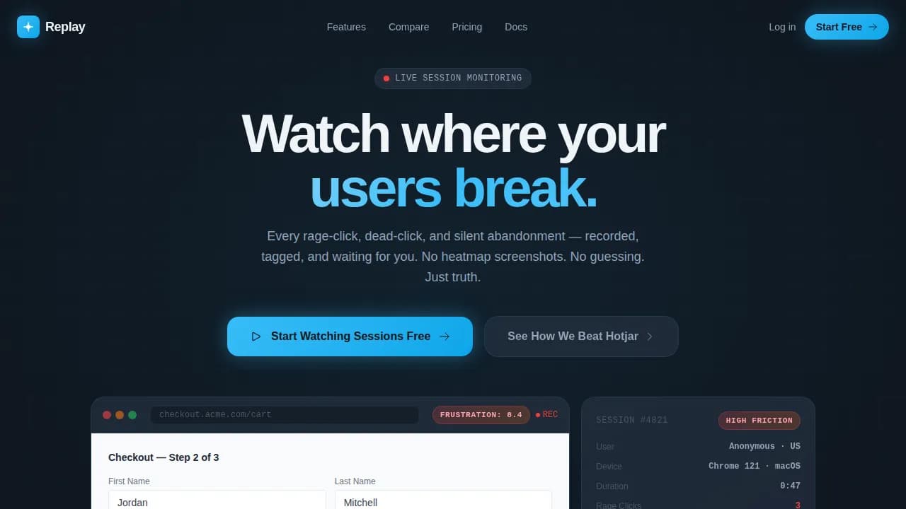 Replay — Dynamic Session Analytics Landing Page Template