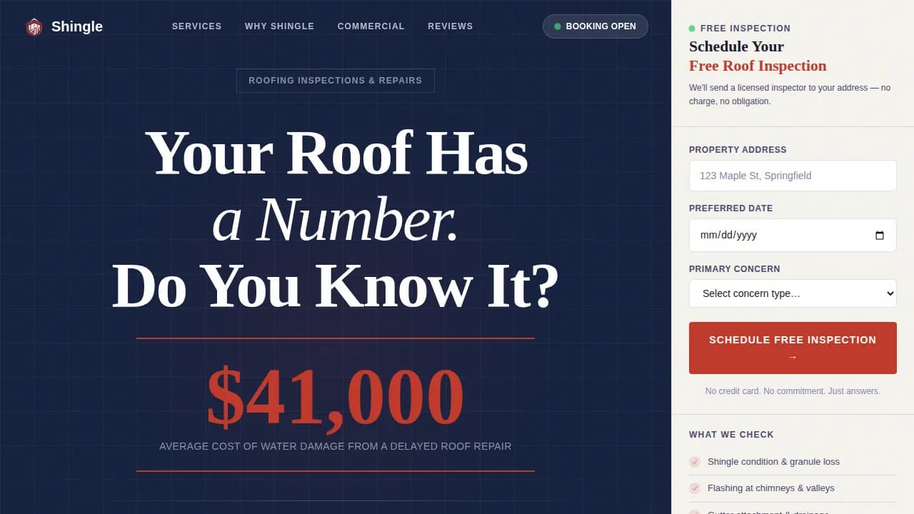 Shingle — Data-Driven Roofing Solutions Landing Page Template