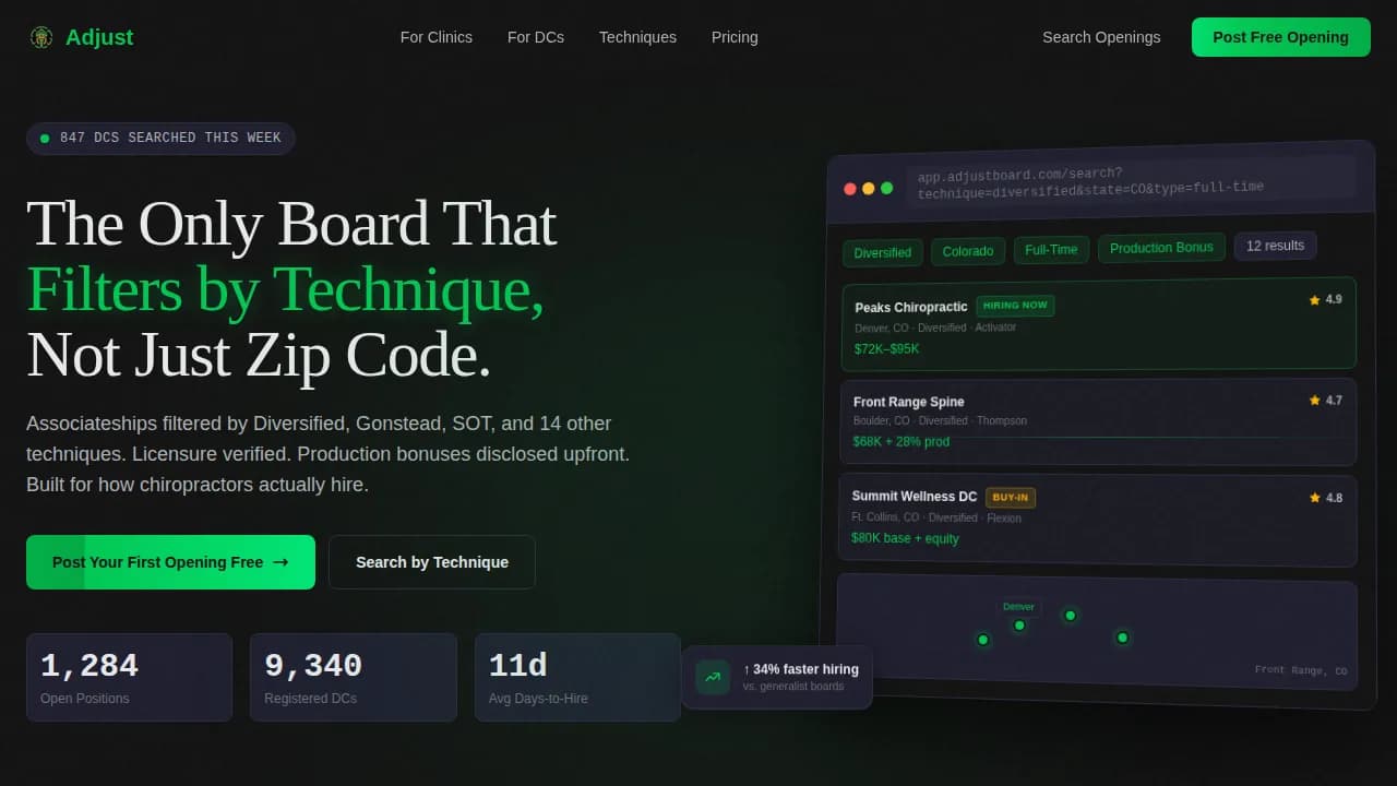 Adjust - Technique Filtered Chiropractic Job Board Landing Page Template