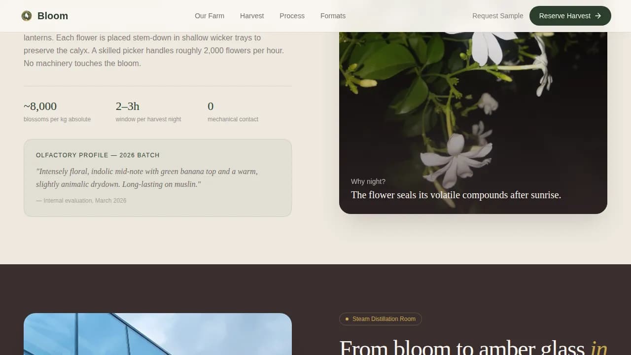 Flourish — Premium Jasmine Cultivation Farm Landing Page Template