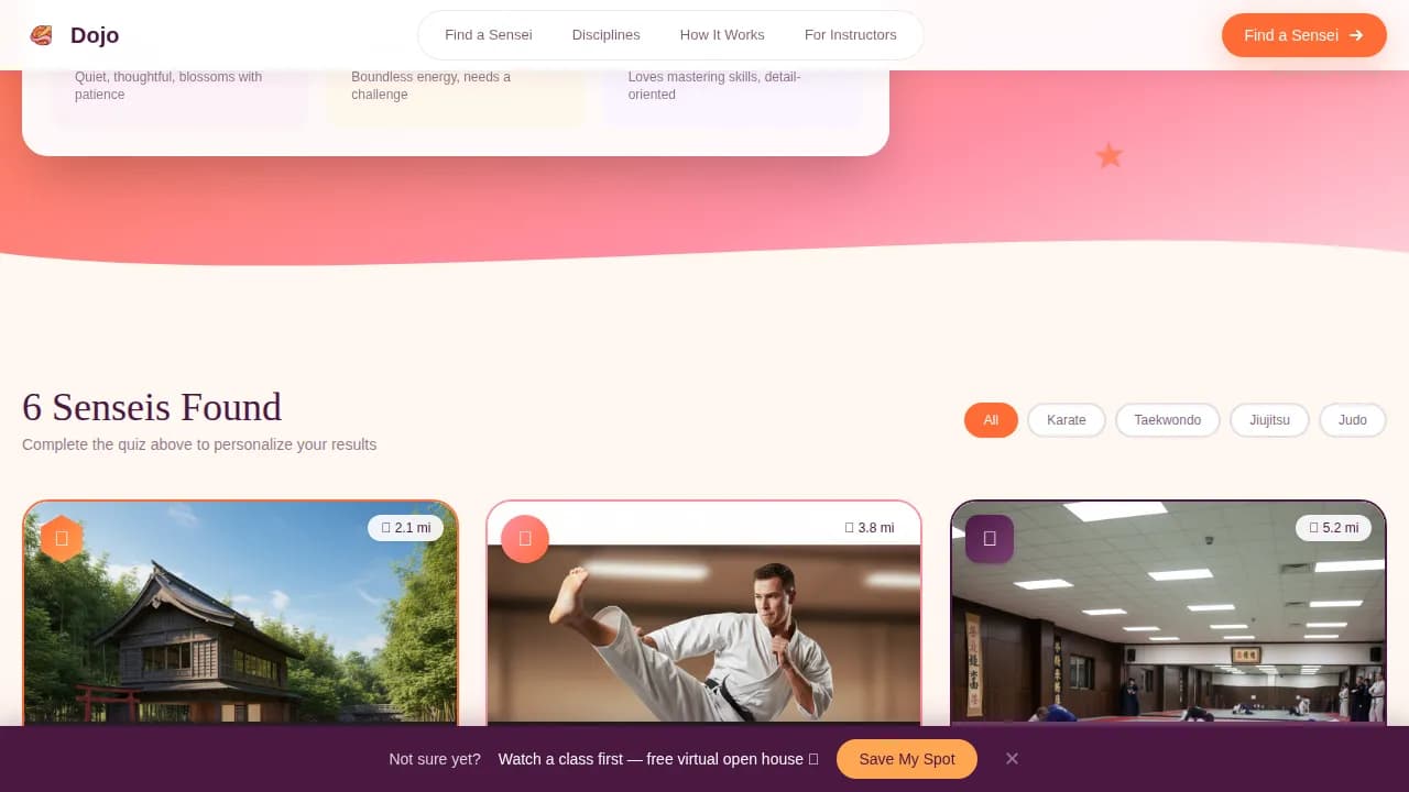 Sensei — Curated Martial Arts Guide Landing Page Template