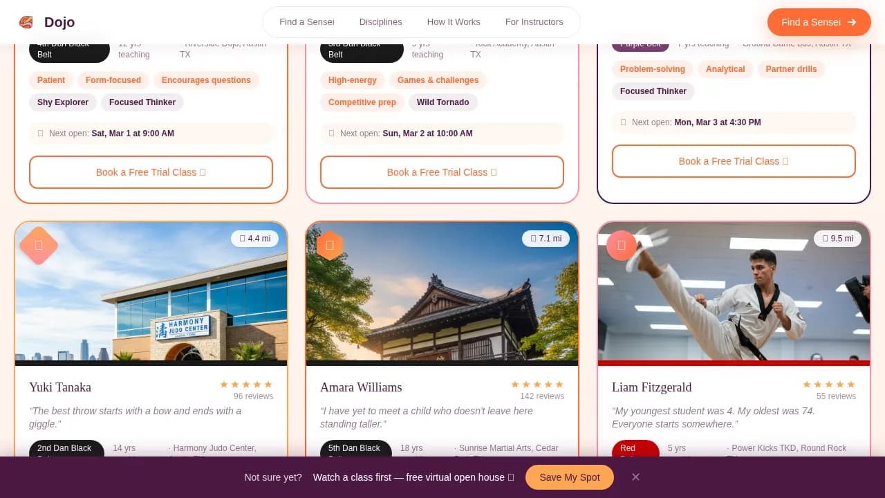 Sensei — Curated Martial Arts Guide Landing Page Template