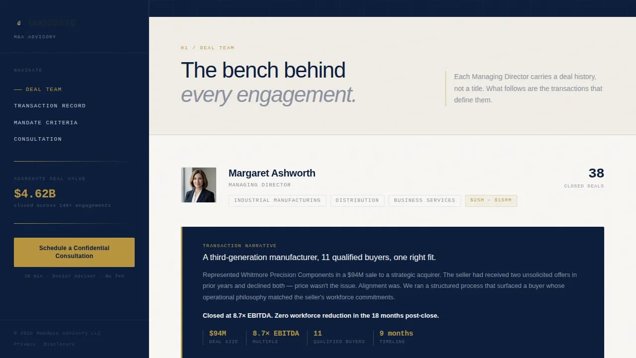 Mandate — Elite M&A Advisory Landing Page Template