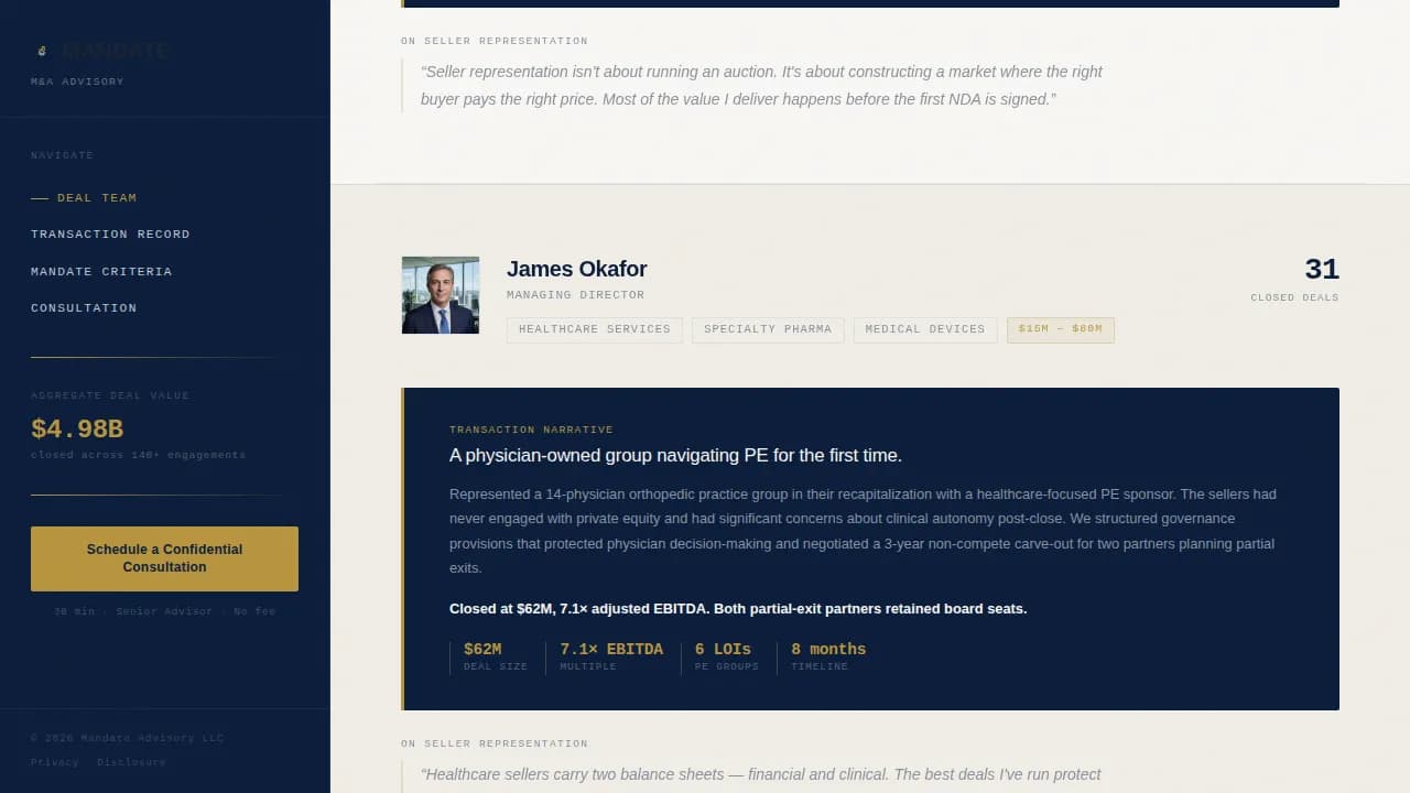 Mandate — Elite M&A Advisory Landing Page Template